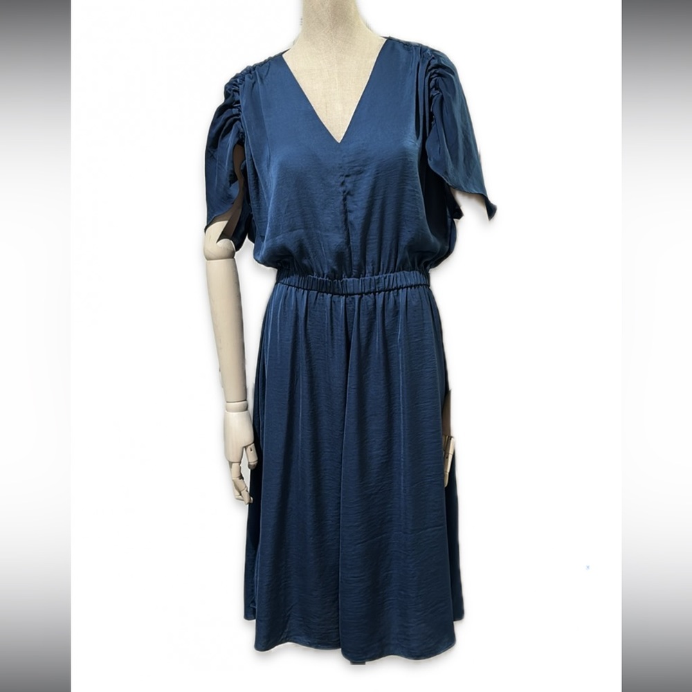 Ann Taylor Dress Small Petite Satin Ruffle Sleeve V-Neck Blue Midi Waist Band